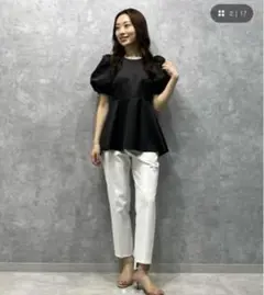 ANAYI アナイ ボーダー サテン ペプラム プルオーバー Tシャツ 36
