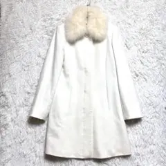 J&R フォックスファー付け襟 ロングコート アンゴラ混 オフホワイト Mサイズ