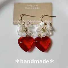No.132 ハンドメイド　赤いハート　サージカルステンレスフックピアス