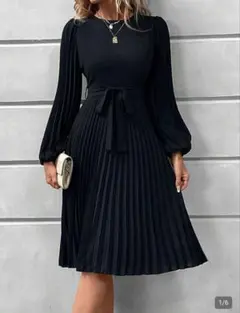 SHEIN ブラック プリーツ ロング ワンピース 長袖