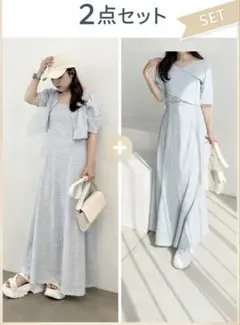 2点セットナイスクラップマルチウェイしぼしぼワンピースとコンビワンピース　ブルー
