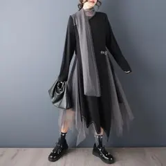新品 大きいサイズ メッシュワンピース 黒 ゆったり 体型カバー　モード系