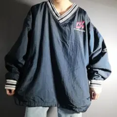 チャンピオン ナイロンプルオーバー 企業 刺繍ロゴ ネイビー XL ヴィンテージ