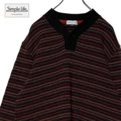 古着Simple Life ヘンリーネックニット ボーダー柄えんじ色 Lセーター