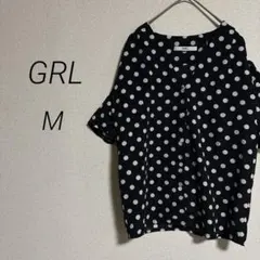 9-391 【グレイル】良品　Vネック　ドット柄 半袖シャツ　春夏ブラック　M