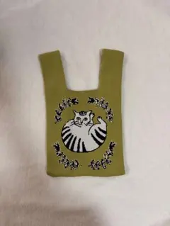 猫柄 ニットトートバッグ ライトグリーン