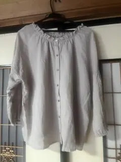 Mushroom フリルネック シャツブラウス リネンブレンド