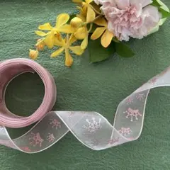 ワイヤーリボン　ピンクリボン ラメ王冠柄