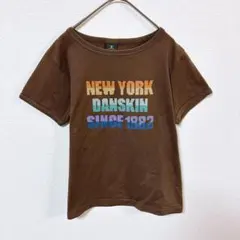 ダンスキン　Tシャツ　レディースL　ブラウン　マルチカラーステッチ　ドット風ロゴのサムネイル