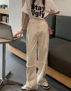 美品♡ ホワイトデニム ワイドレッグ フリンジ加工