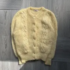 ウール ニットカーディガン モヘア風 レトロ編み イエロー