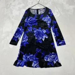 レトロワンピース　ベロア　黒　青のバラ模様　裾フリル　薔薇