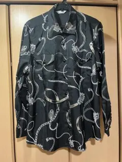 柄シャツ レディース 長袖 黒 総柄 ヴィンテージ 昭和 レトロ アート 光沢