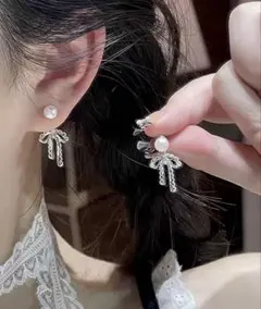 リボン パール ピアス シルバーカラー　銀メッキレース編みリボンピアス