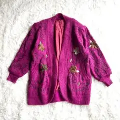 C2177 80s〜90s ヴィンテージ　花柄刺繍　厚手ニットカーディガン