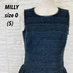 美品 MILLY ミリー 高級ラメツイード ノースリーブフレアワンピース 黒 0のサムネイル