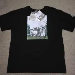 猫プリント 半袖Tシャツ 黒 （キーホルダー付き）