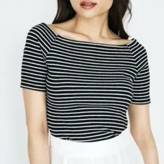 美品！QUEENS COURT クイーンズコート オフショルボーダーリブトップスのサムネイル