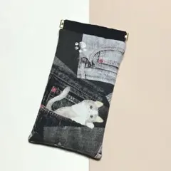 デニムポケットねこちゃん☆ハンドメイド＊バネポーチ♪ペンケース＊メガネケース