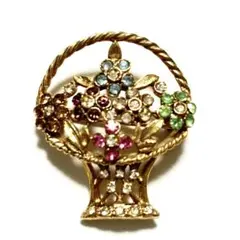 ゴールド花かごデザイン ブローチ カラフルストーン