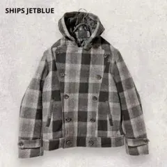 シップス ジェットブルー チェック柄 Pコート ジャケット S グレー 3021