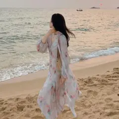 エレガントなVネックのインクのプリントハイウエストスリムなワンピースS-1XL