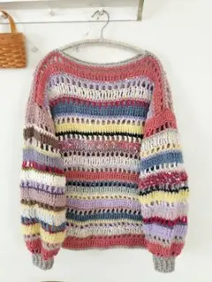 カラフルプルオーバーニット セーター かぎ編みハンドメイド