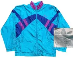 90s美品adidasナイロンジャケットターコイズ青緑トレフォイル刺繍ロゴXL