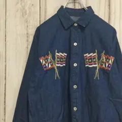 【刺繍デザイン 長袖デニムシャツ】デザインボタン L相当 ネイビー 古着