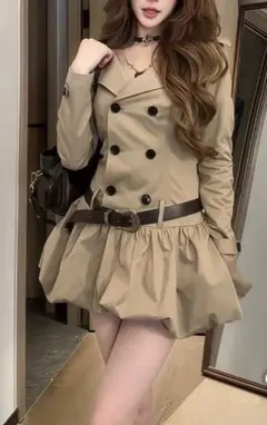 ベージュ ダブルブレスト トレンチコート SHEIN キャメル バルーンスカート