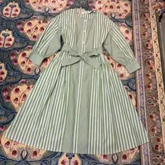 スーパービューティー緑と白のストライプ Aライン ワンピース　サイズ　42