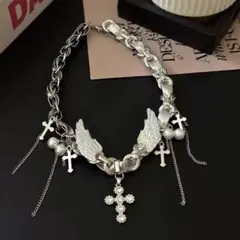 ウィング クロス ネックレス シルバー調 ビジュー