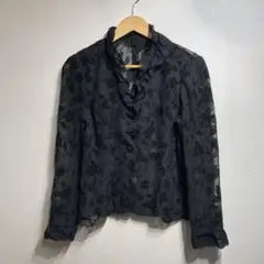 黒 シアー 花柄 フリル ブラウス 長袖 シースルー レトロ 古着