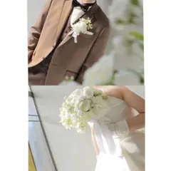 ホワイト 造花 ラウンド型ブーケ ハンドメイド ブートニア付き