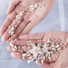 シルバーヘアアクセサリー　パールウェディングヘッドドレス結婚式お花髪飾り