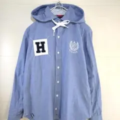トミーヒルフィガー　長袖シャツ　フード付き　刺繍ロゴ　ブルー
