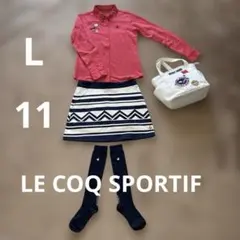 ルコックゴルフ　赤系ロゴ長袖ポロシャツLとロゴ刺繍スカート紺白11