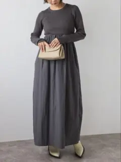 ボンジュールサガン　異素材切り替えニットワンピース　グレー　○33