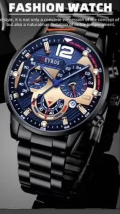 T401 新品 DEYROS クロノグラフ 腕時計　メタル　ブラック　ネイビー