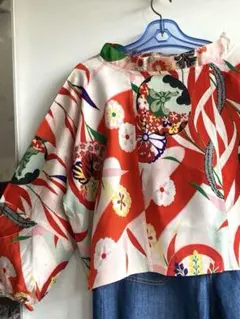 フォロー500円引 日本伝統豪華絹着物リメイク古典柄 長袖 トップス 赤オレンジ