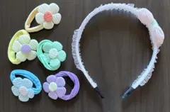 【新品未使用】ピンクのリボン付きカチューシャ　お花のヘアゴム　セット