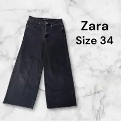 ザラ ワイドデニム カットオフ 裾フリンジ ブラック（34）