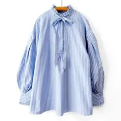 美品 フリークスストア 配色フリルスタンドブラウス ボリューム袖 ブルー