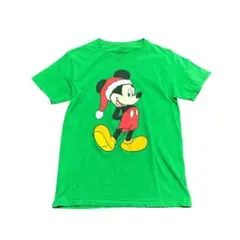 Disney ミッキーマウス　プリントTシャツ　サンタ　グリーン　S 8Sb