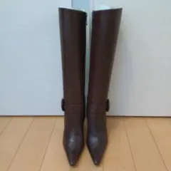 プールサイドブラウンレザー ポインテッドトゥ ロングブーツ