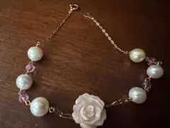 k18ブレスレットピンクシェル、薔薇カービング、パール、ピンクトルマリン