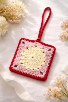 鉤針編花モチーフ包包掛飾 手作韓國風粉紅自然