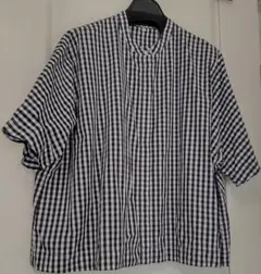 【美品】無印良品 黒のギンガムチェック 五分袖 コットン リネン ドルマンシャツ