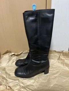 日本製　本革　スクエアトゥ　ロング ブーツ　ブラック