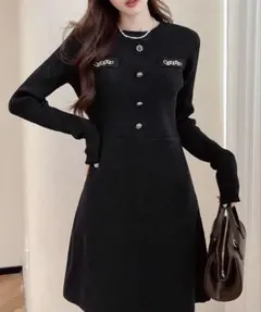 ブラックニットAラインワンピース